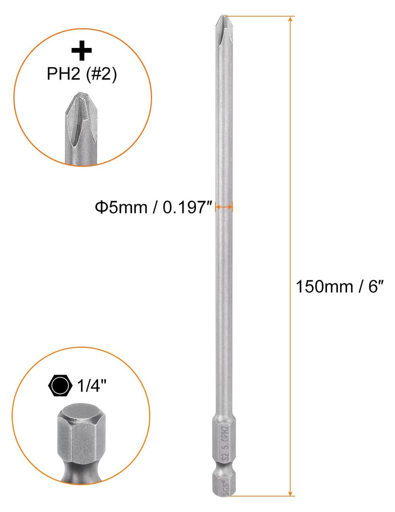 PH2 Phillips Schraubendreher Bit Set mit 1/4" Sechskantschaft, 5mm Stab 150mm Lang Magnetische Kreuzkopf Bitsatz S2 Stahl Bohrer Elektrowerkzeug f...