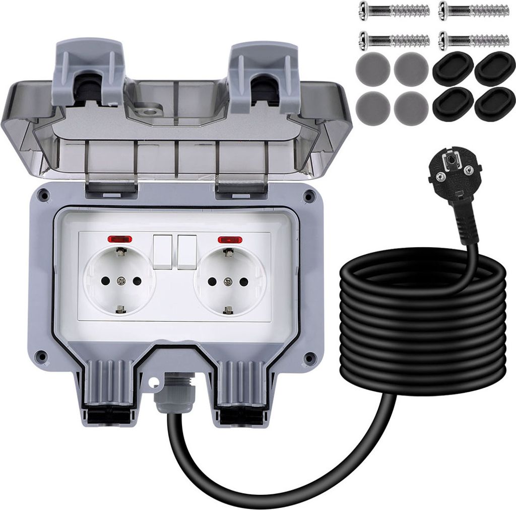 Außensteckdose EU IP66 Wasserdicht Aufputz Feuchtraum Steckdosen Wandsteckdosen Mit Deckel Schalter, 6M