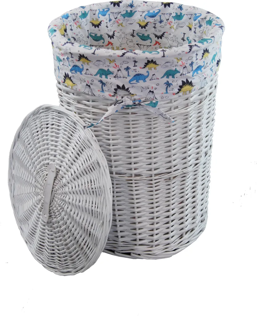 Panier à linge en osier blanc housse dinosaure avec couvercle D39xH55 cm