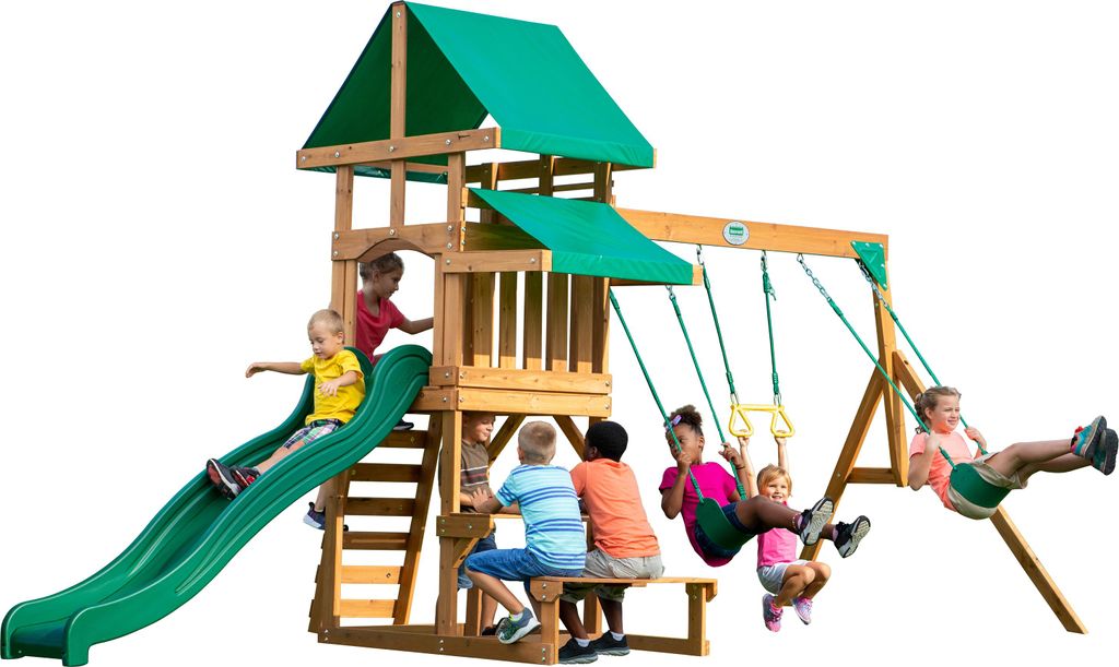 Backyard Discovery Spielturm Belmont aus Holz | XXL Spielhaus für Kinder mit Rutsche, Schaukel, Trapezstange, Sandkasten und Picknicktisch | Stelz...