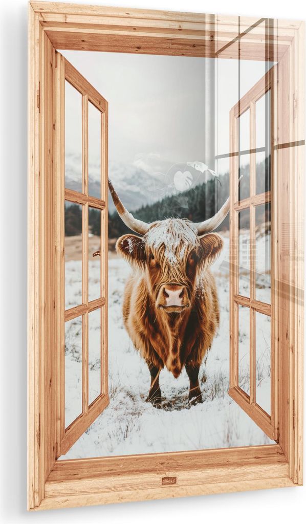 MuchoWow Glasbilder - Bilder auf Wandbild - Foto auf Glas Schottische Hochlandrind - Landschaft - Ländlich - Berge - Winter - Ansichten 60x90 cm W...