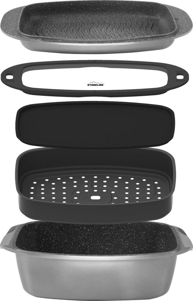 An exploded view of a 5-piece roasting and baking set, showing each component separately.