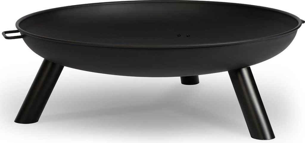 A black metal fire pit with three legs, shown from a side angle on a white background.