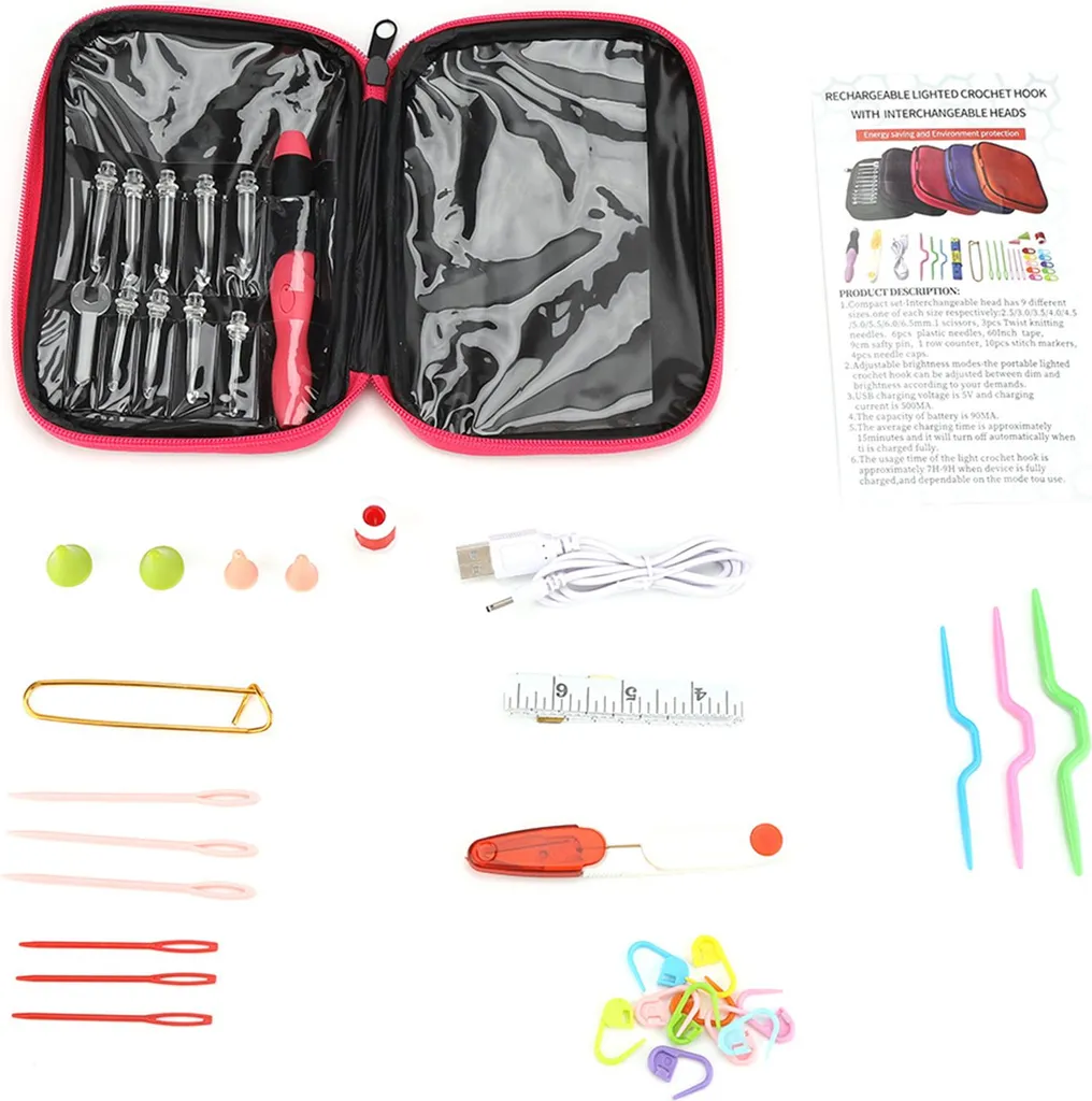 Crochets LED avec Manche Ergonomique Rechargeable Set de 40 Outils