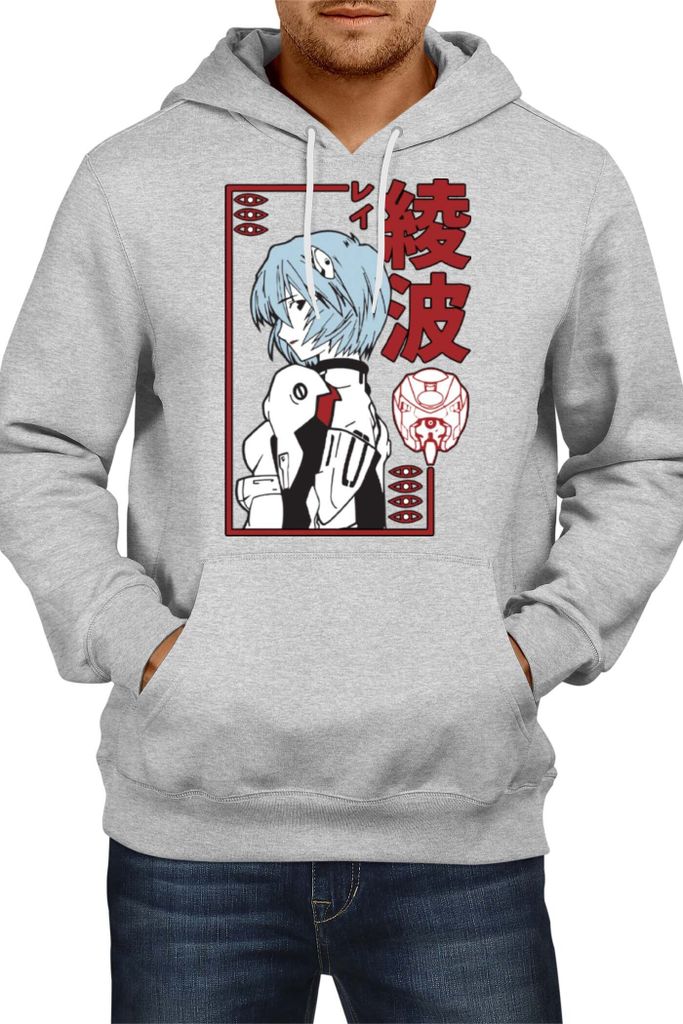 Herren Kapuzenpullover Japan Anime Manga Comics Neon Anime Genesis Manga Evangelion Rei Ayanami, Man XL / Grau