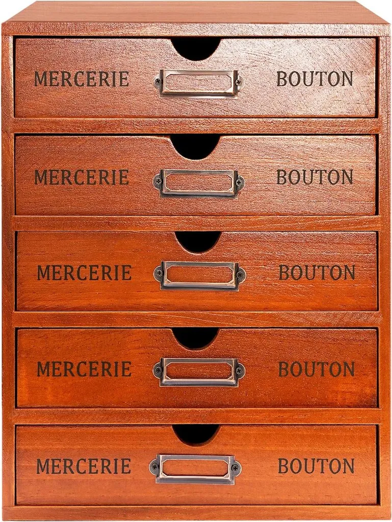 Organiseur de bureau vintage en bois de pin avec 5 tiroirs brunis