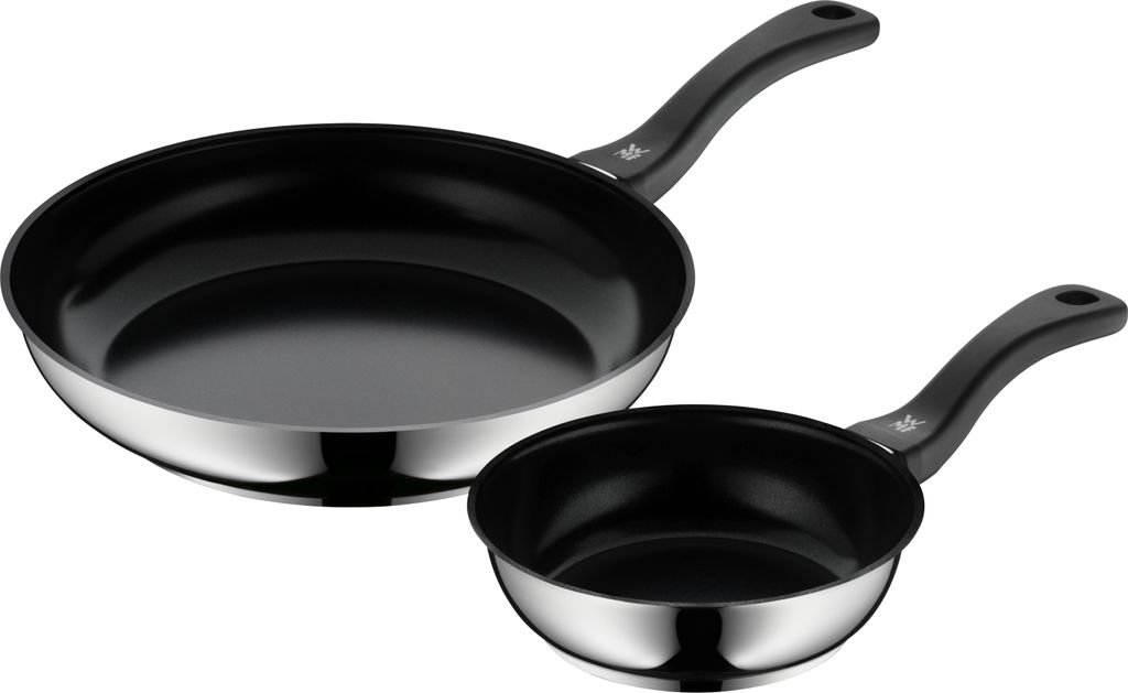 Two frying pans of different sizes are shown against a white background.