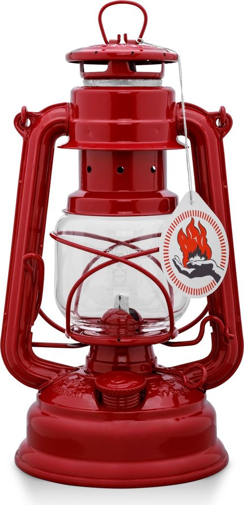 A red storm lantern is shown against a white background.