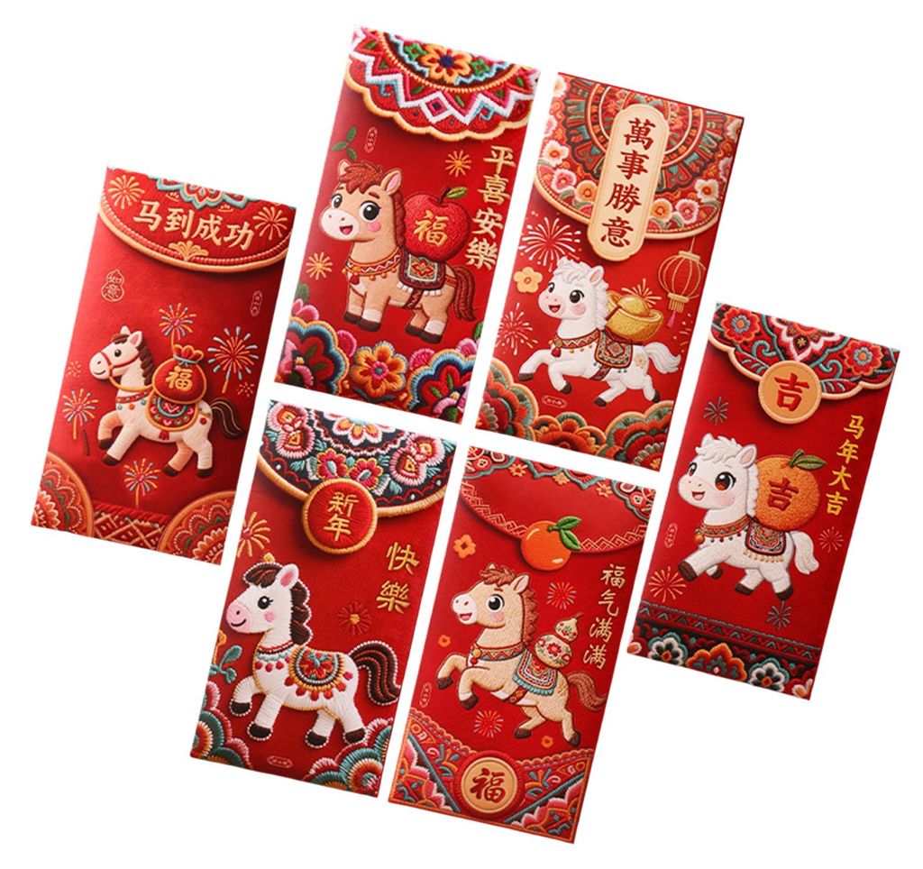 6 rote Briefumschläge aus dickem, beschichtetem Papier mit 3D-Prägung im Design „Jahr des Pferdes 2026“ – traditionelle chinesische rote Um...