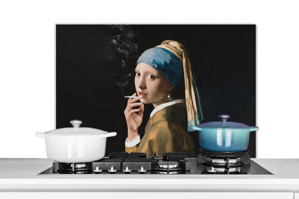 KitchenYeah Spritzschutz Küche - Küchenrückwand - Wandschutz für Herd und Spüle - Das Mädchen mit dem Perlenohrring - Vermeer - Zigaretten ...