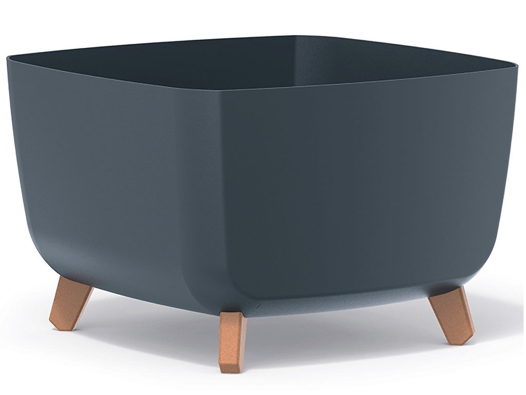 A square planter with wooden legs on a white background.