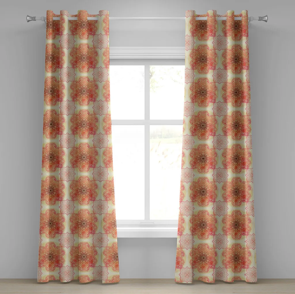 ABAKUHAUS Tenda con occhielli Red Mandala, fiore disegnato a mano con petali arricciati in stile retrò orientale, tende decorative a 2 pannelli, 280 cm x 225 cm, bordeaux giallo rosa