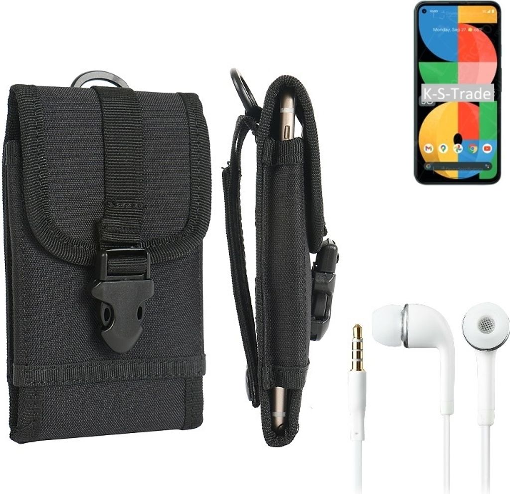 K-S-Trade Holster Schutz Hülle kompatibel mit Google Pixel 5a Gürteltasche Handy Hülle Tasche outdoor Seitentasche schwarz 1x + Kopfhörer