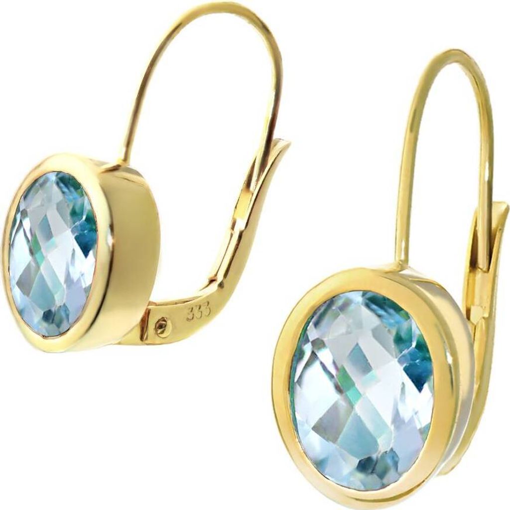 Paar 333 8 Karat Gelbgold Blautopas Tropfen Ohrhänger Brisur Oval Ohrringen 9258
