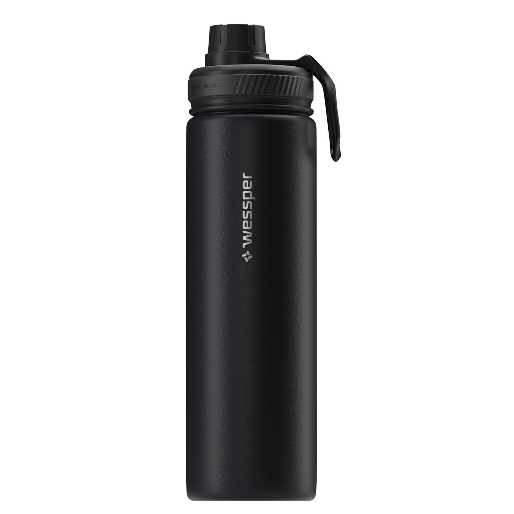 A black thermos bottle standing upright against a white background.