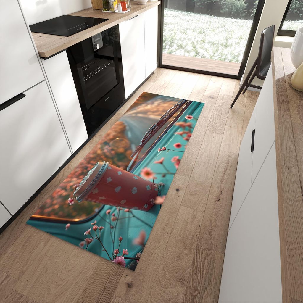 Küchenteppich 80x200cm rutschfest & abwischbar PVC Läufer - Kaffeebecher im Bus