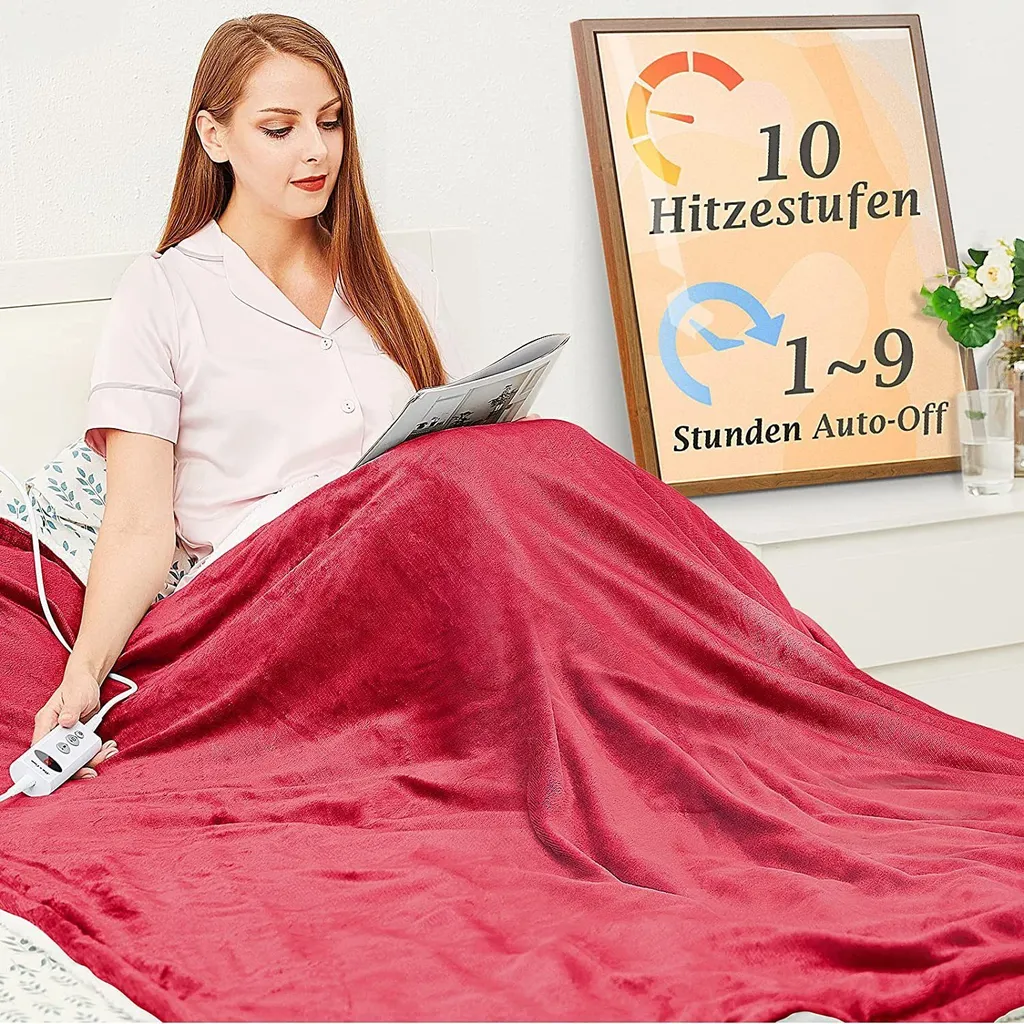 Coperta Elettrica 180x130cm Rossa - 10 Livelli Calore e Timer Sicurezza