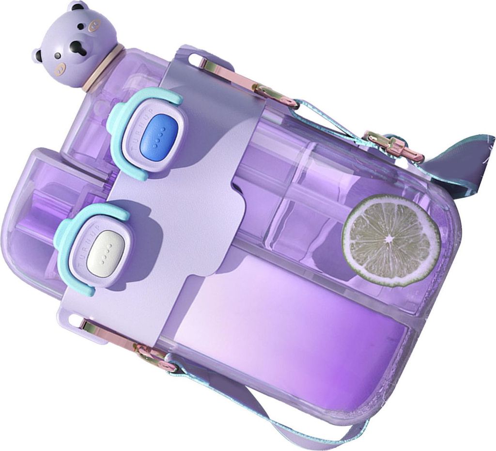 Kawaii Wasserflasche Mode Kunststoff Doppel trinken Wasserflasche mit Strohhalm verstellbaren Riemen für Outdoor-Sport Reisen Lavendel lila 780ml