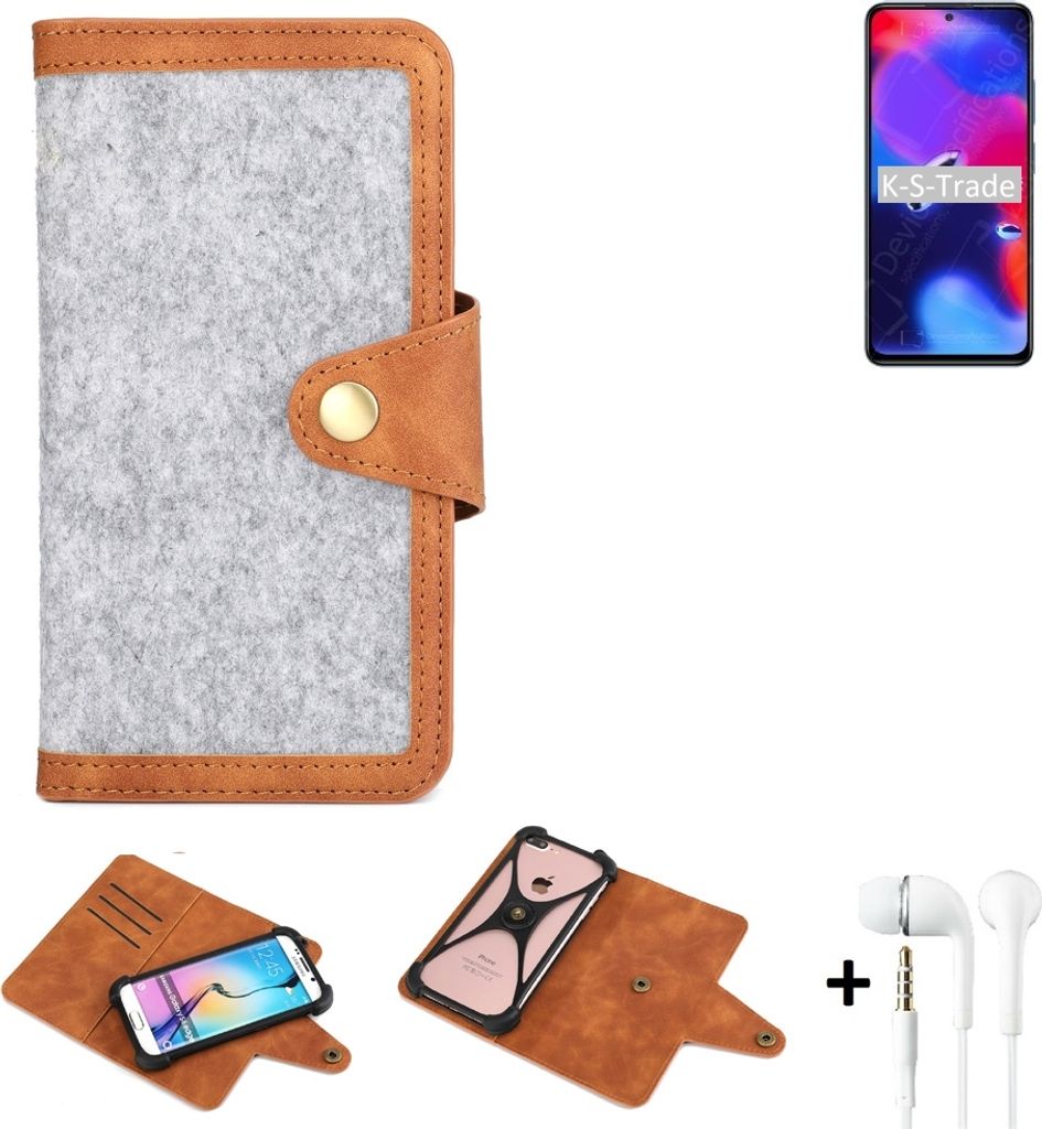 K-S-Trade Handyhülle + Kopfhörer kompatibel mit Xiaomi Redmi Note 11 Pro+ India Schutzhülle Filz Hülle Kunstleder hellgrau braun (1x)