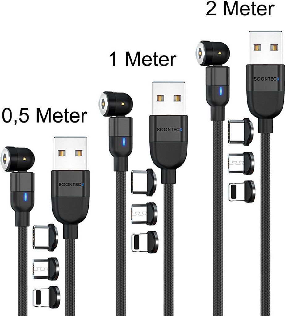 Magnet Ladekabel 3er Set (0,5 Meter+1 Meter+2 Meter) SOONTEC Magnetladekabel drehbar 360°&180° mit je 3 Stecker Micro USB/ USB-C/ Lightning 2,4 A...