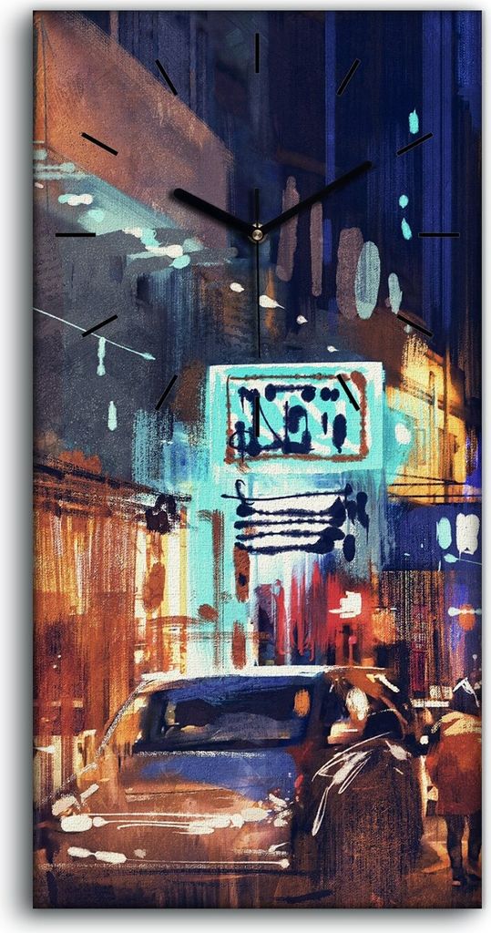 Wandbild Leinwand Bilder Wanduhr 30x60 Bild Stadt Straße Gebäude Baum Nacht - schwarze Hände