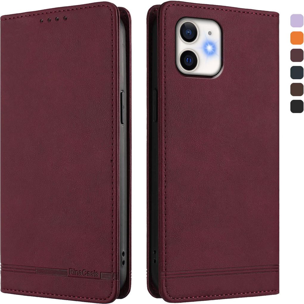 Hülle für iPhone 12 Mini, Retro Kunstleder Ständer Klapphülle mit Kartenfächer und Magnetische Rot