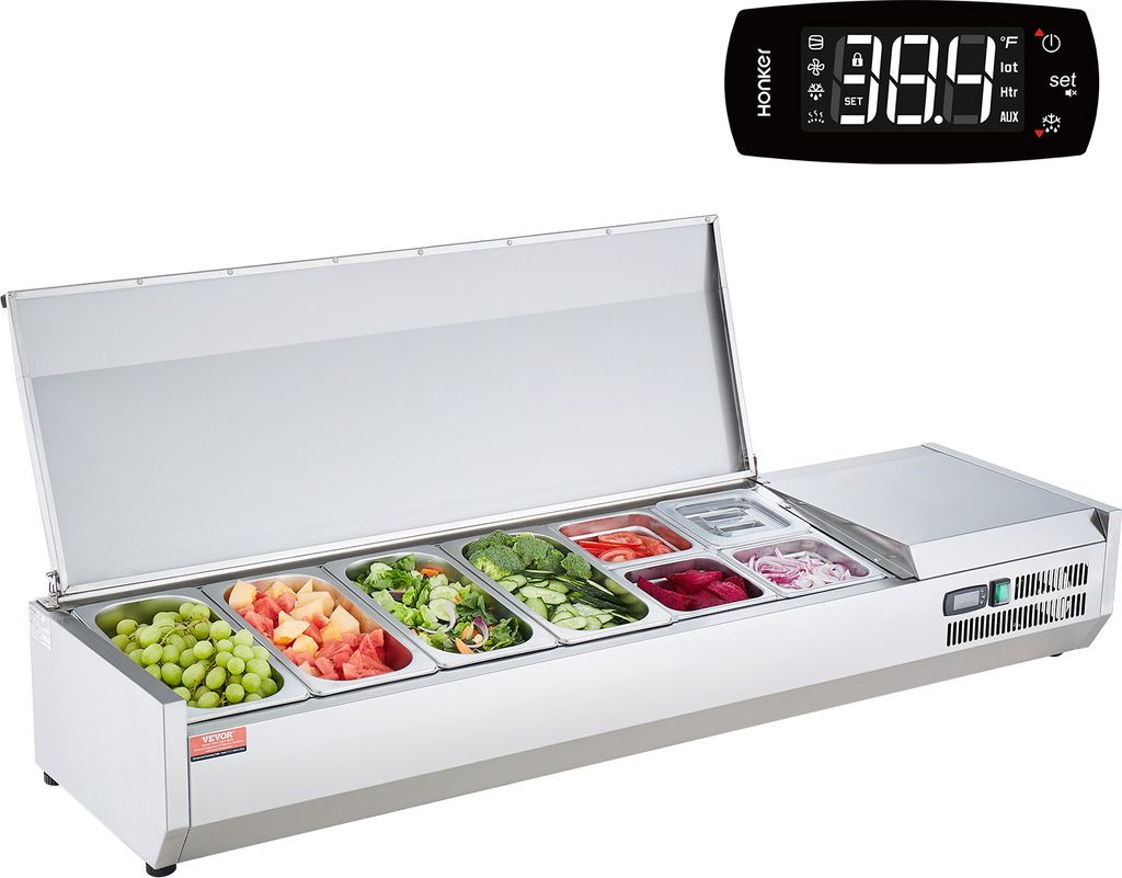 VEVOR Gekühlte Gewürzstation für die Arbeitsplatte, Zubereitungsstation mit 4 x 1/3 Pfanne & 4 x 1/6 Pfannen, Korpus aus Edelstahl 304 und Decke...