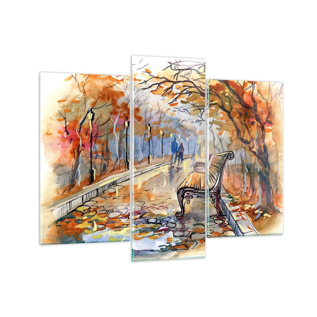 Bilder auf glas - Path Bench Herbst Frau - 130x100cm - Glasbilder - Wandbilder - Kunstdruck - zum Aufhängen bereit - Wanddekoration aus Glas - Gla...
