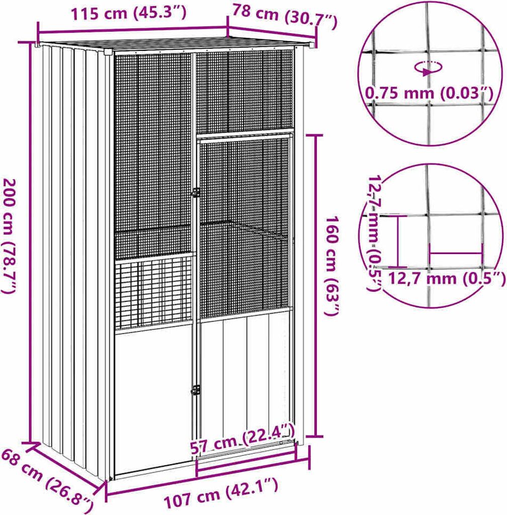vidaXL Voliéra antracit 115x78x200 cm Pozinkovaná oceľ Obrázok produktu 6