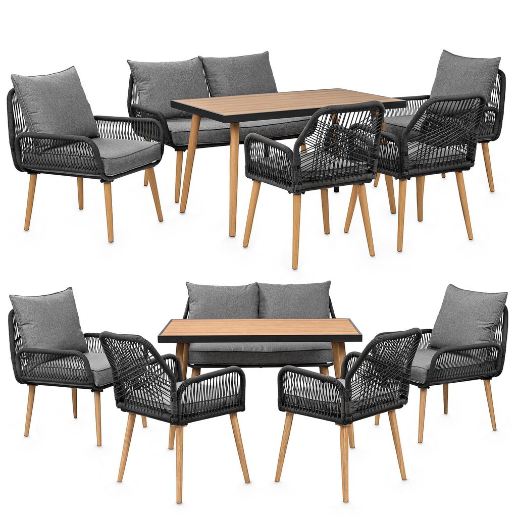 Garten Sitzgruppe für 6 Personen mit WPC Tisch, Sofa, Stühlen – wetterfest – Seilgeflecht – Sitzkissen – Outdoor Lounge - anthrazit/holz