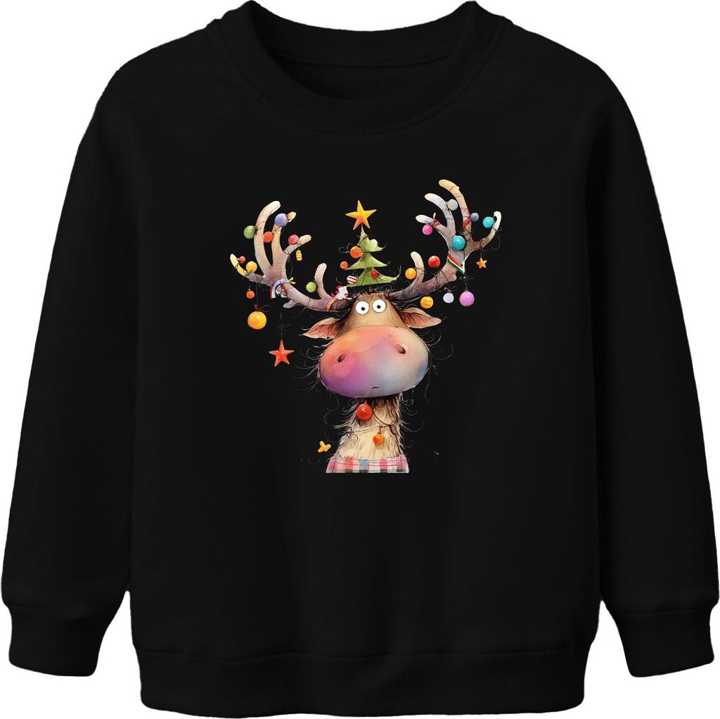 Weihnachts Rentier Geweih Christbaum Kugeln Stern niedlich lustig Uni Kinder Sweatshirt Pullover, Schwarz, 116