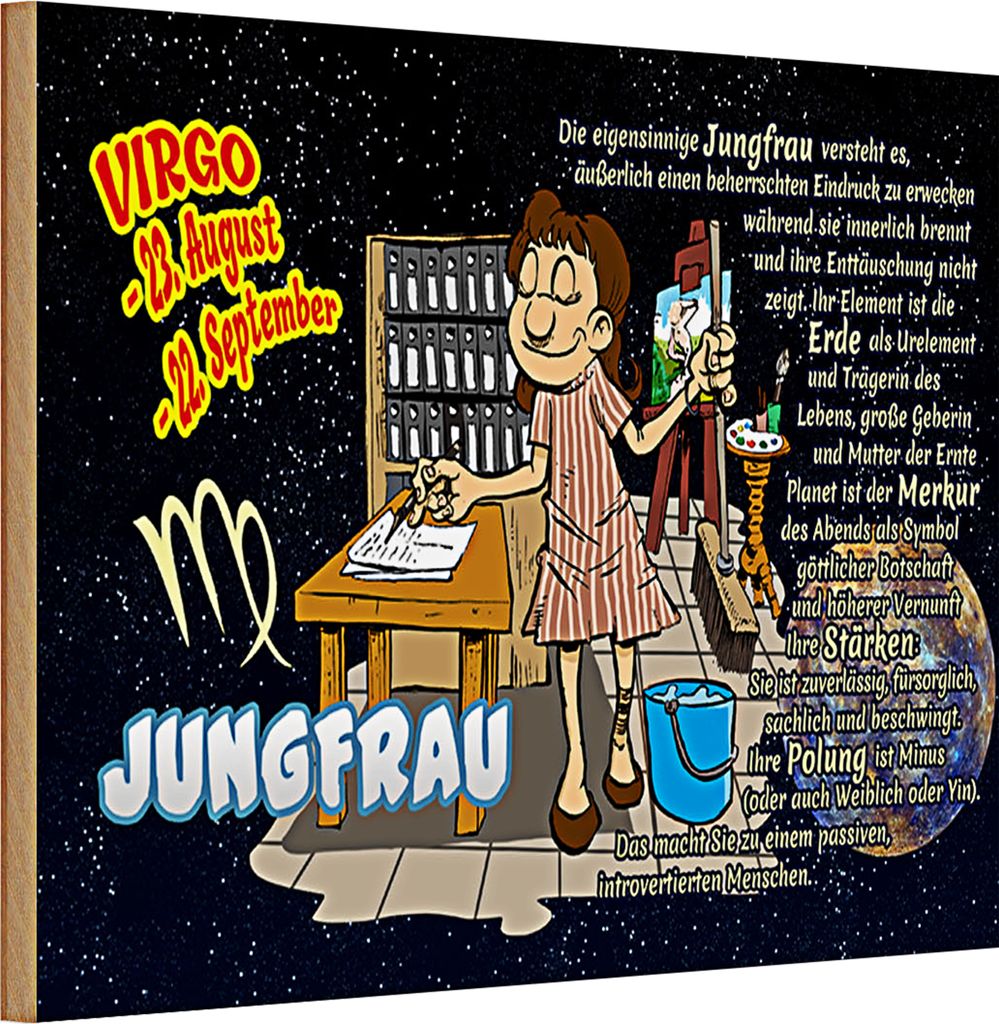 Holzschild Spruch Sternzeichen 30x20cm Jungfrau Planet Merkur