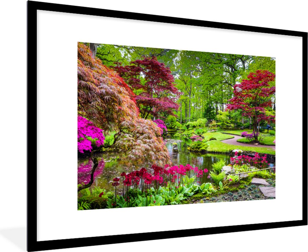 MuchoWow Gerahmtes Poster Bäume - Blumen - Japanisch - Natur - Wasser 90x60 cm - Poster mit Schwarzem Bilderrahmen Wandposter Rahmen Foto Bilder...