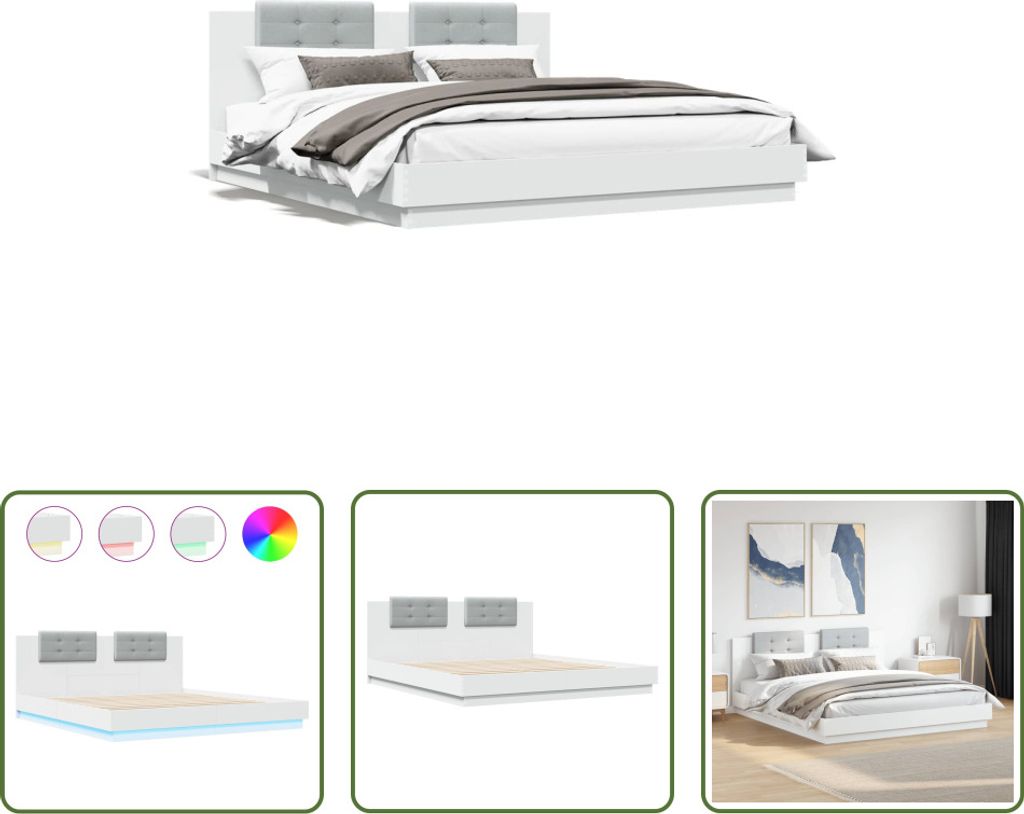 The Living Store Bettgestell mit Kopfteil und LED-Leuchten Weiß 200x200 cm
