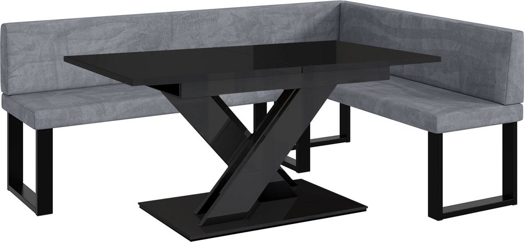 MEBLINI Eckbank für Esszimmer mit ausziehbarem Tisch - Küchenbank - Essecke - Sitzecke Küche - TONI - U-Beine 142x196x87cm Rechts - Grau Samt/B ...