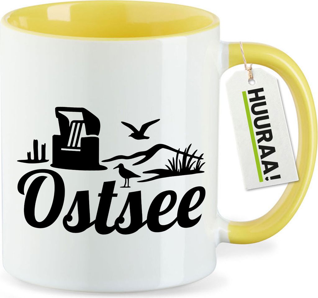 Huuraa Kaffeetasse Ostsee Strandmotiv 330ml Gelb Keramik Kaffeebecher Geschenkidee