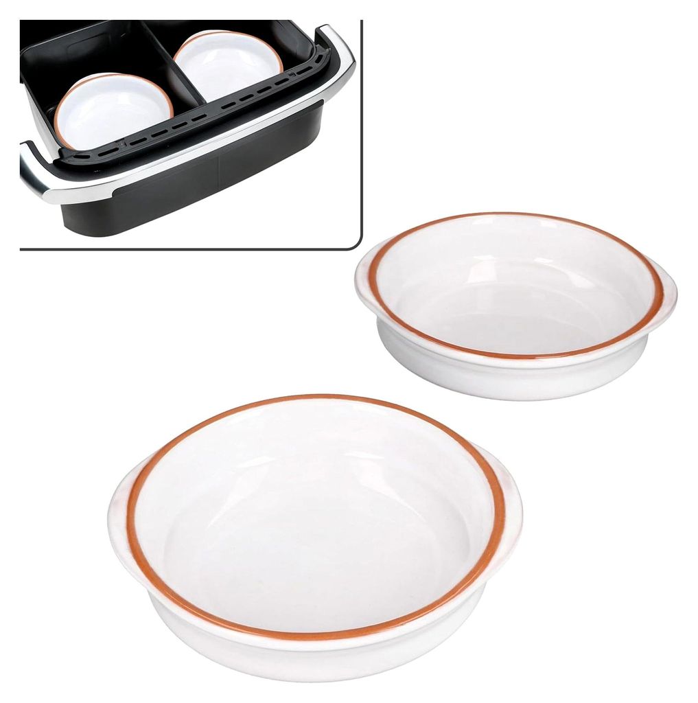 2er Set Tonschalen für Airfryer weiß I 16,5 cm, 300 ml I runde Cazuelas mit Griffen aus Ton I Ofenform für Heißluftfritteuse & Backofen I für ...