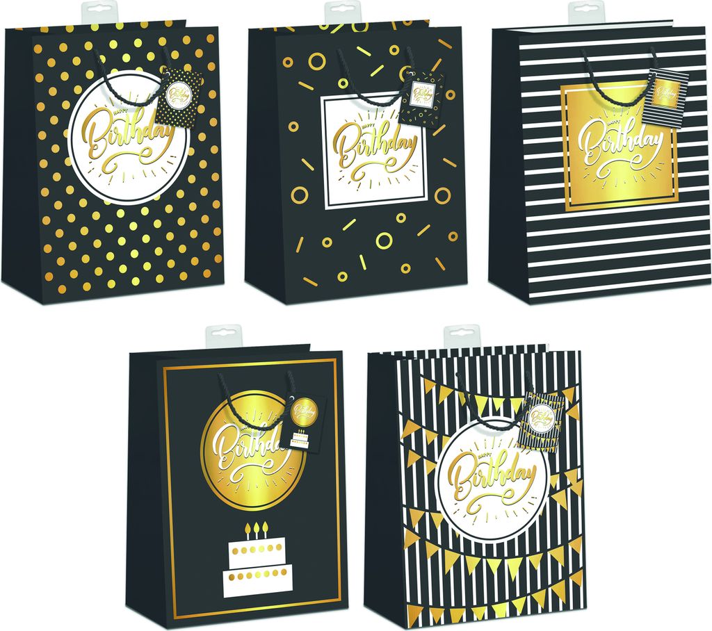 10 Geschenktaschen, Sortiert Large / A4-Format Happy Birthday, Torte, Girlande, Punkte, Gold 25,00€ pro Türe 2,50
