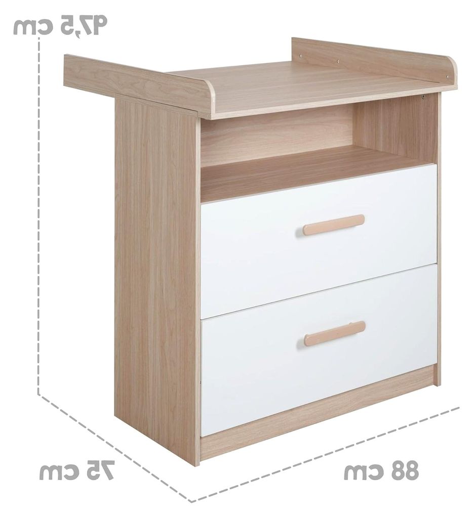 Wickelkommode Cabane mit abnehmbarem Aufsatz - Offenes Fach und 2 Schubladen mit Vollauszug - Mitwachsende Babykommode - Holzgriffe - Weiß/Eiche