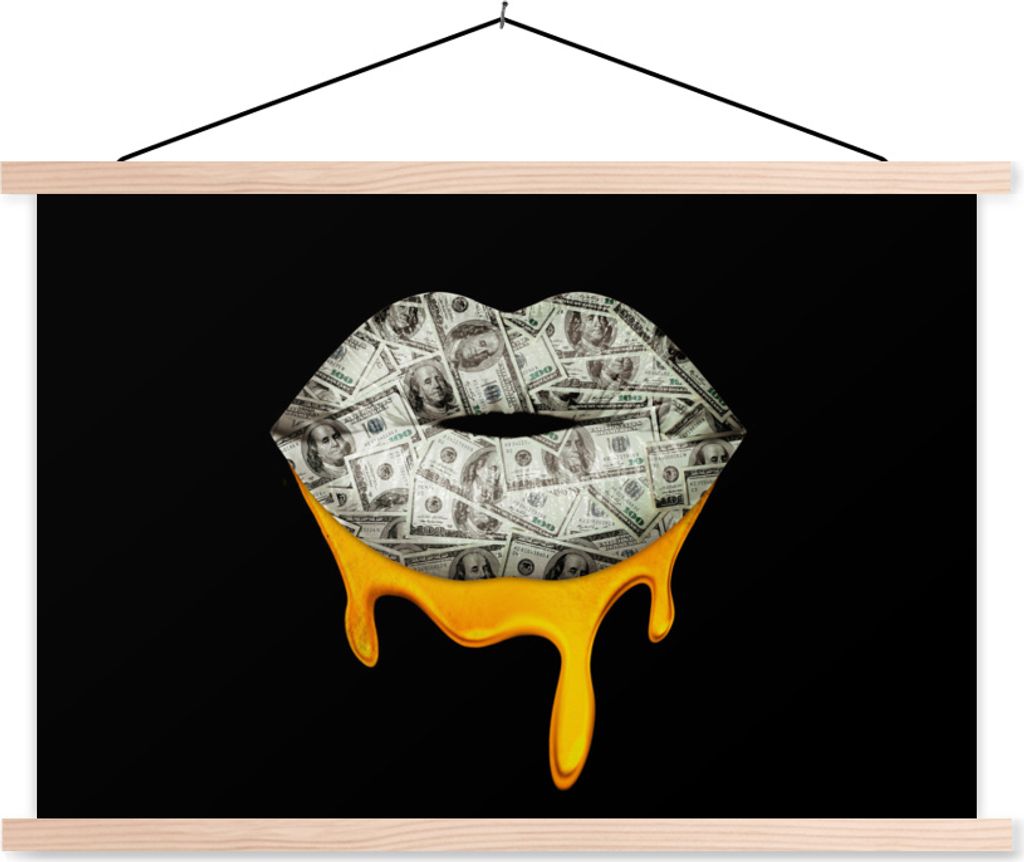 MuchoWow Textilposter Lippen - Geld - Schwarz - Weiß 120x80 cm mit holzfarbenen Rahmen - Aufhängeset