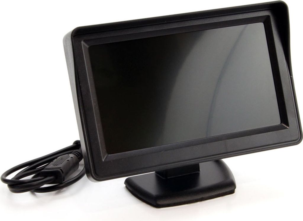 A black electronic monitor with a stand and a cable, shown against a white background.