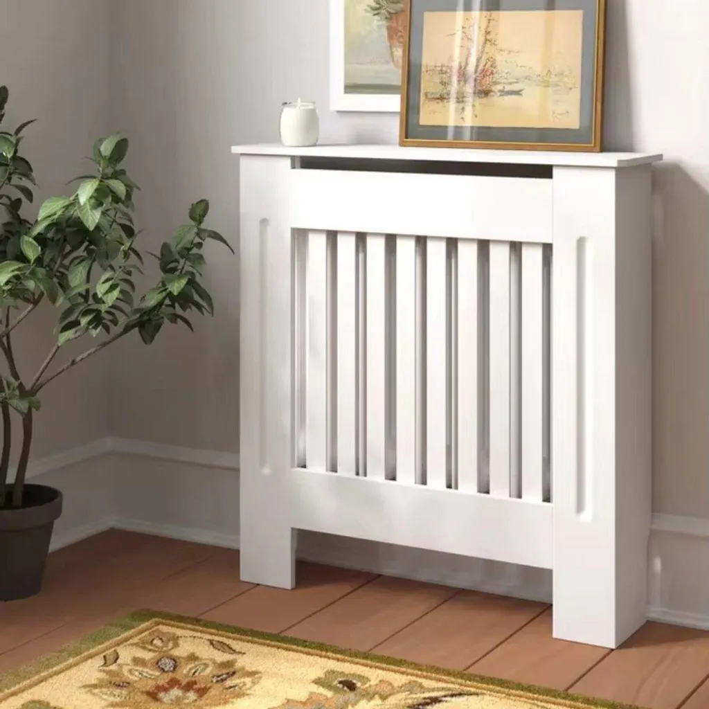 Cache radiateur blanc 111x92 cm - Design à lattes horizontales en MDF