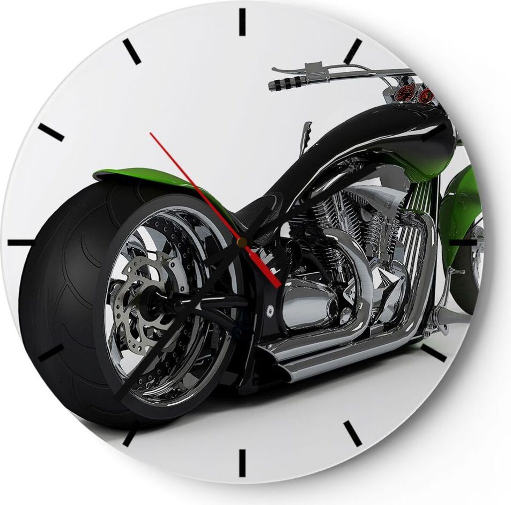 Wanduhr - Rund - Glasuhr - Motorrad Chrom Schlauch Reise - 40x40cm - Schleichendes Uhrwerk - Lautlos - zum Aufhängen bereit - Dekoration Modern - ...