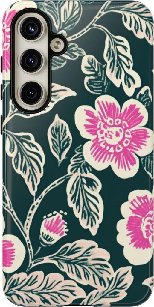 Pinkes Blumenmuster im Blockdruck-Stil – Hülle Kompatibel mit Samsung Galaxy S24 Plus