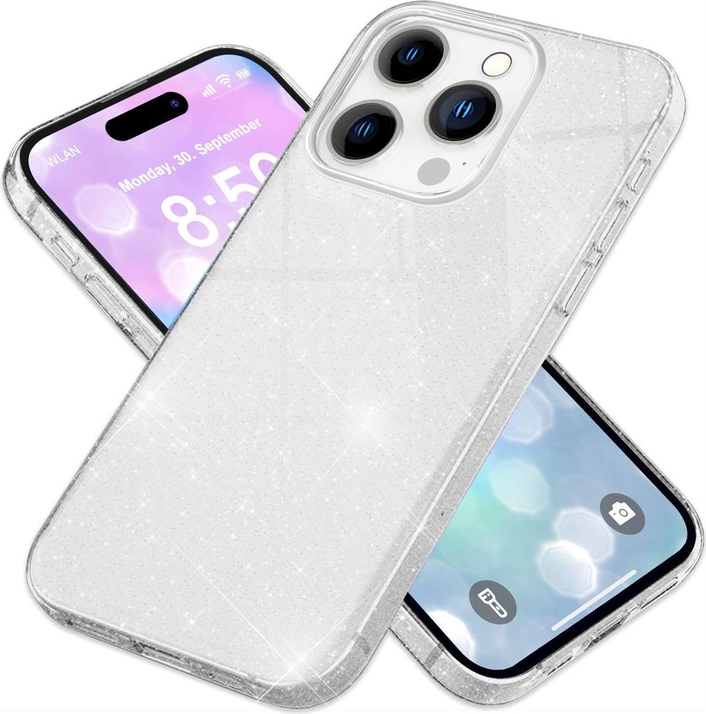 NALIA Glitzerhülle für iPhone 16 Pro Max – Funkelnder Glitzer-Look & Grip – SHINEPOP (Silikon Case) – Marke aus Berlin – Silber