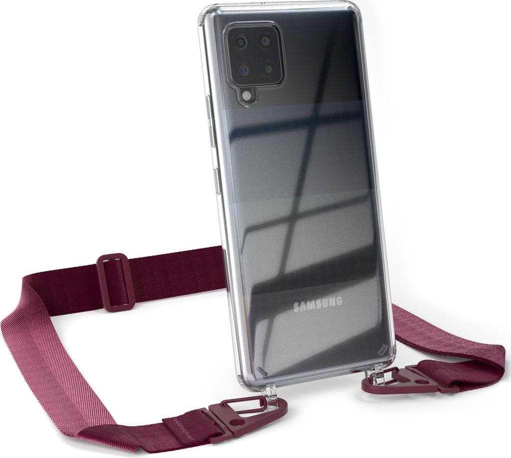 EAZY CASE - Hülle mit Band für Samsung Galaxy A42 5G, Handyhülle mit Umhängeband, Silikonhülle transparent, Handykette in Rot