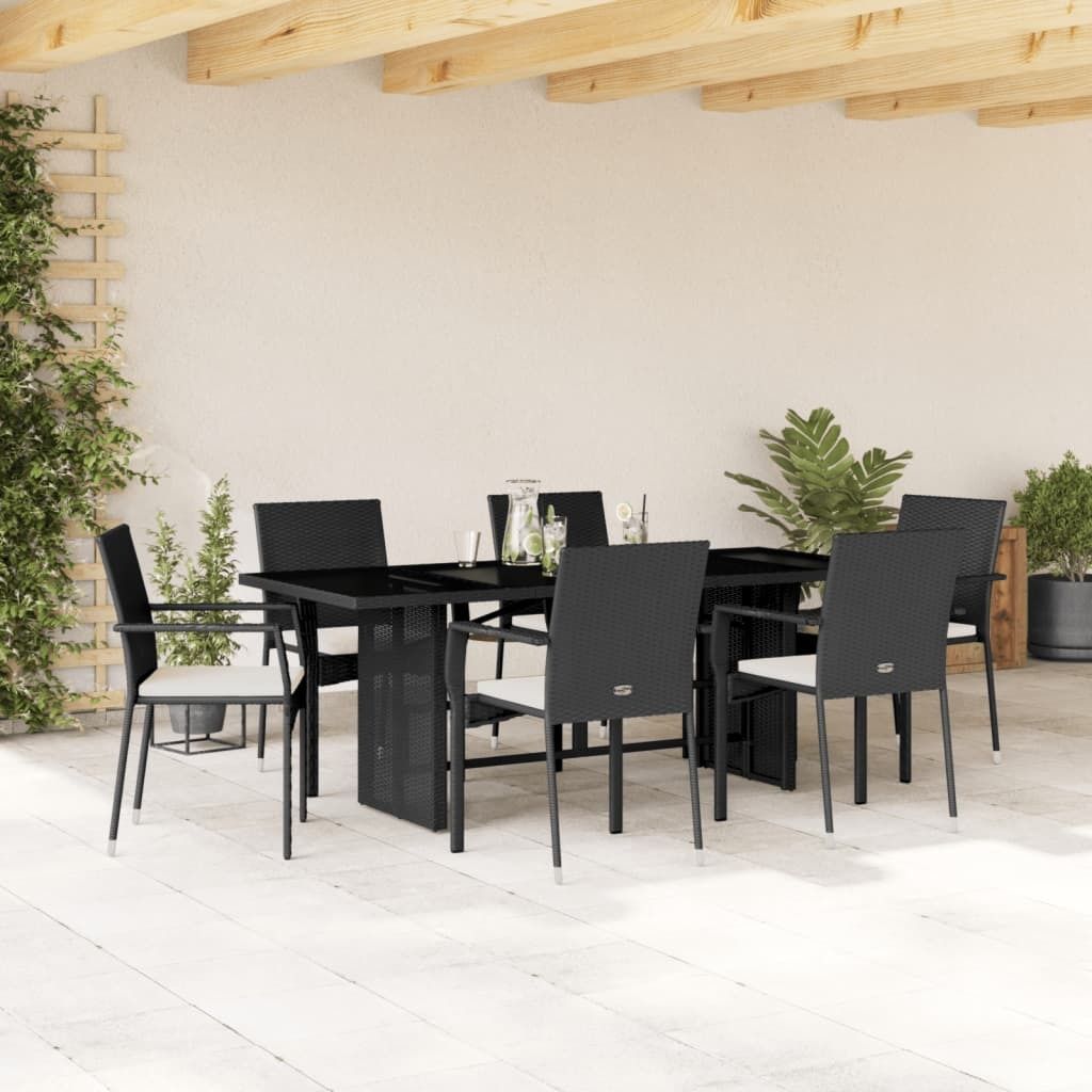 Maison Exclusive - 7-tlg. Garten-Essgruppe mit Kissen Schwarz Poly Rattan