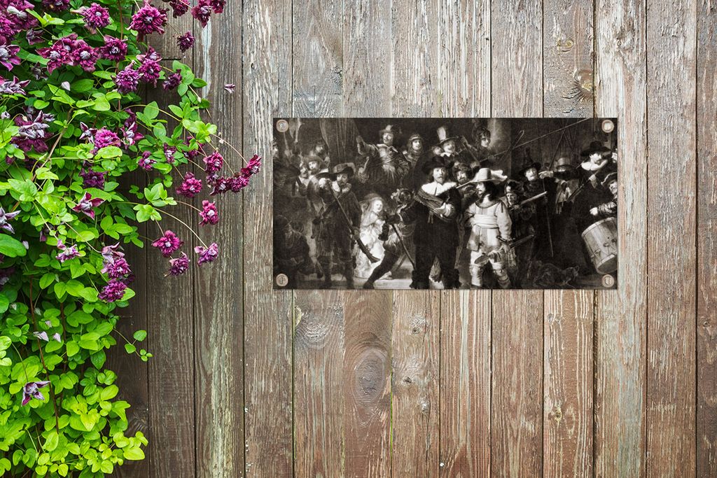 Gartenposter - Die Nachtwache in Schwarz und Weiß - Rembrandt van Rijn - 60x30 cm - Gartendeko