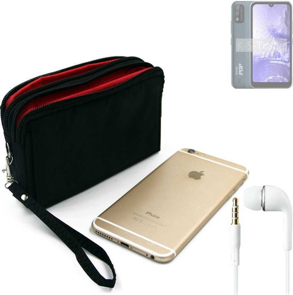 TOP SET kompatibel mit Tecno Pop 5S Handy Hülle Gürteltasche schwarz + Kopfhörer Travel Bag Travel-Case mit Diebstahlschutz praktische Schutz