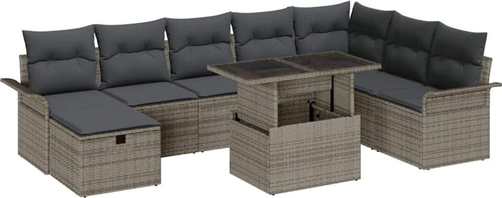 Garten-Sofa-Set mit Kissen mit Speicher 9 pcs Grau Poly Rattan